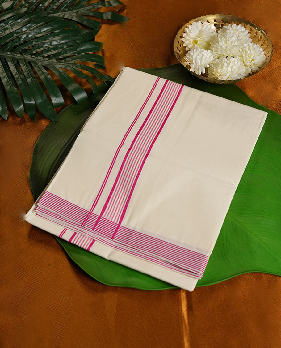 Cream Colour Pure Cotton single Dhoti with Pink Colour Border for Men