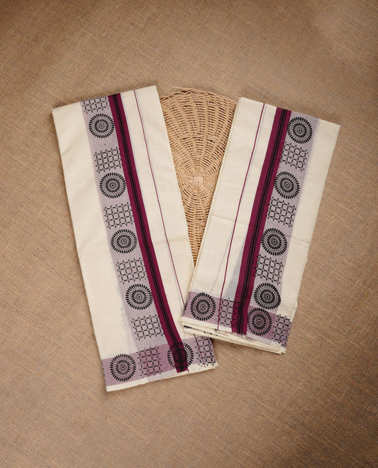 Cream colour cotton set mundu highlighting Dark pink with black colour pattern on border.