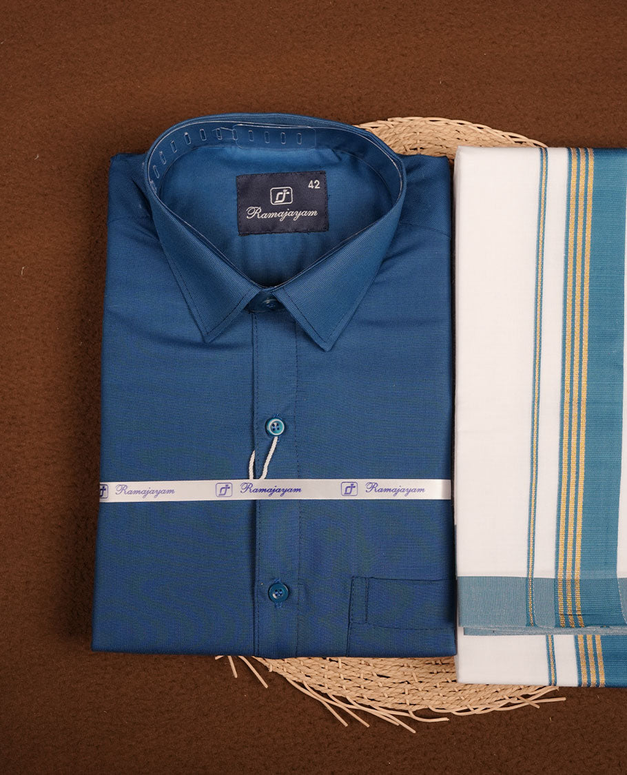 Dark Blue Colour shirt paired with a matching dhoti, finished with a blue and gold border.