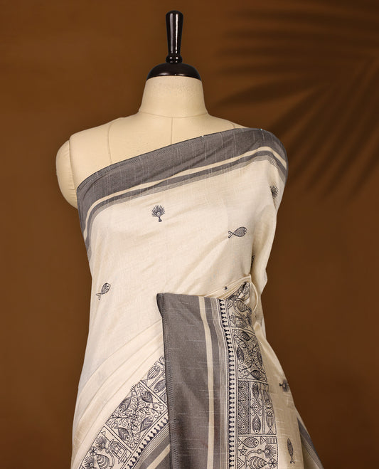 Cream colour Soft Tussar saree adorned with intricate grey woven buttas across the body, complemented by an ornate grey border featuring traditional motifs, and finished with a striped pallu, paired with a matching blouse.