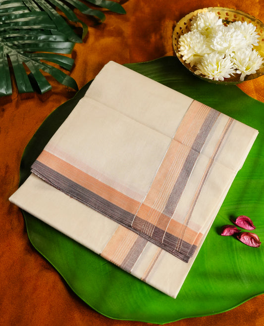 Off white colour cotton single dhoti featuring a dual tone soft peach and grey kara with fine line detailing & Designed for daily comfort and traditional grace, ideal for rituals, cultural events, and festive wear.