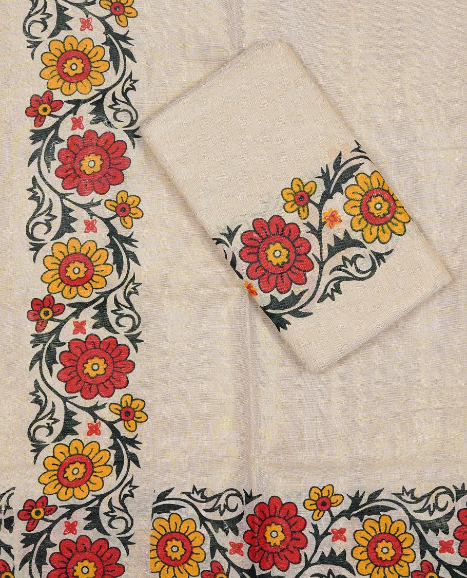 Golden colour Tissue silk set mundu features a plain body accented by a Floral Kodi printed border.