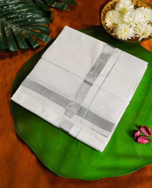 White colour cotton single dhoti featuring a silver border with elegant stripe detailing & Designed for daily comfort and traditional grace, ideal for rituals, cultural events, and festive wear.
