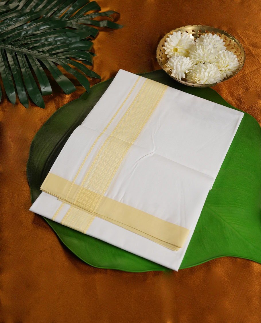White Colour Pure Cotton single Dhoti with light Yellow Colour simple Border for Men