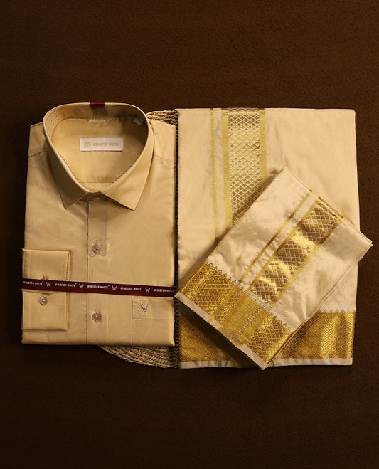 Medium gold coloured silk wedding shirt, dhoti, and towel set from MINISTER WHITE, featuring a gold zari border.