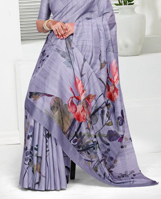 Light Pastel Purple colour Semi linen saree featuring vibrant multicolour floral digital prints on body and pallu, paired with a matching blouse.