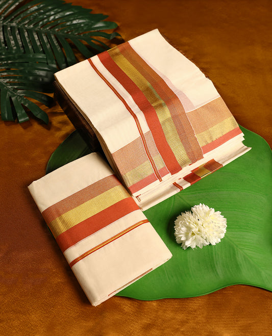 Off white colour cotton SET MUNDU featuring a plain body, complemented by a gold  and rust Orange toned Border( 2.00/2.80 MTS ).