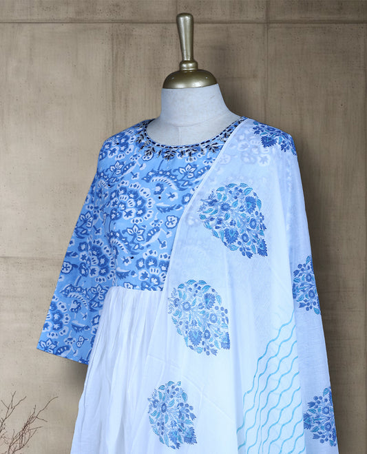 Pastel blue & white colour salwar from TWARA, V neck with delicate sequin highlights and navy thread work on neck , all over floral prints on the top, paired with a matching bottom and an elegant dupatta.