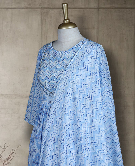 Pastel blue & white colour salwar from TWARA, featuring a delicate silver work on neck, all over floral prints on the top, paired with a matching bottom and an elegant dupatta.