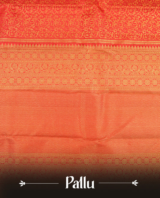 Red colour Kanchipuram Samudrika Silk Saree featuring Floral kodi pattern weaving with gold zari jacquard and a traditional zari border, paired with a matching designer jacquard blouse piece