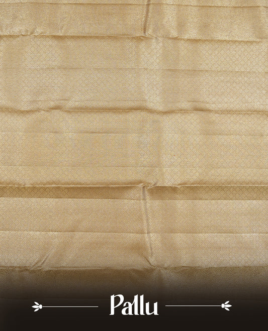 Ashy colour Kanchipuram Samudrika Silk Saree featuring antique zari pattern weaving with Antique zari jacquard and a traditional zari border, paired with a matching designer jacquard blouse piece