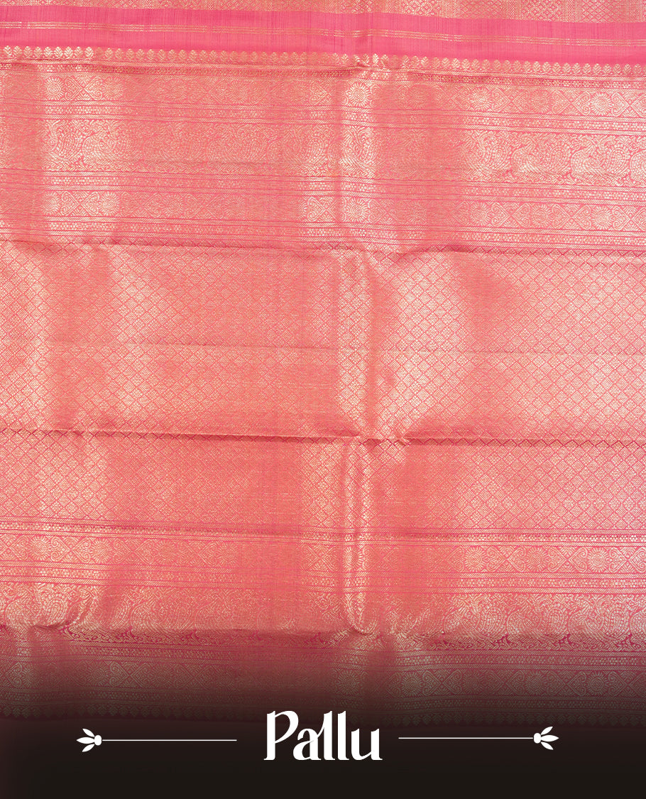 Pink colour Kanchipuram Samudrika Silk Saree featuring Square pattern weaving with gold zari jacquard and a traditional Kanchipuram zari border, paired with a matching designer jacquard blouse piece