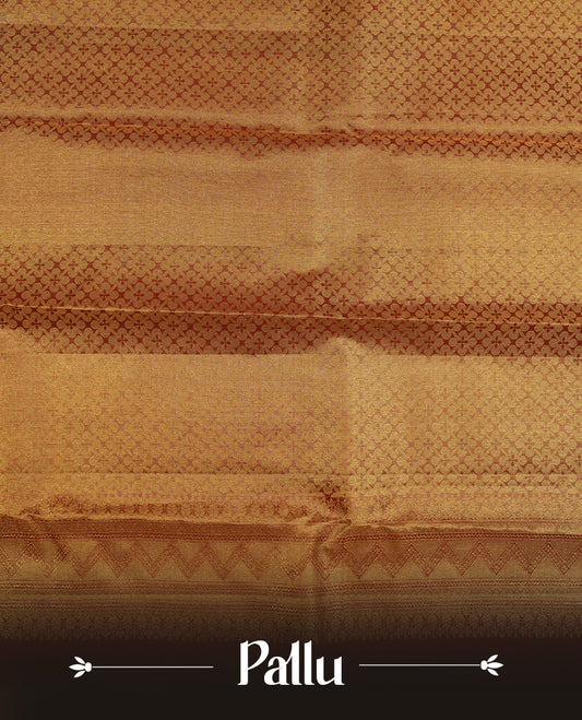 Red & gold double shade colour kancheepuram tissue silk saree highlighting gold stripped  zari pattern body, with contrast burgundy colour colour with traditional border and paired with matching blouse.