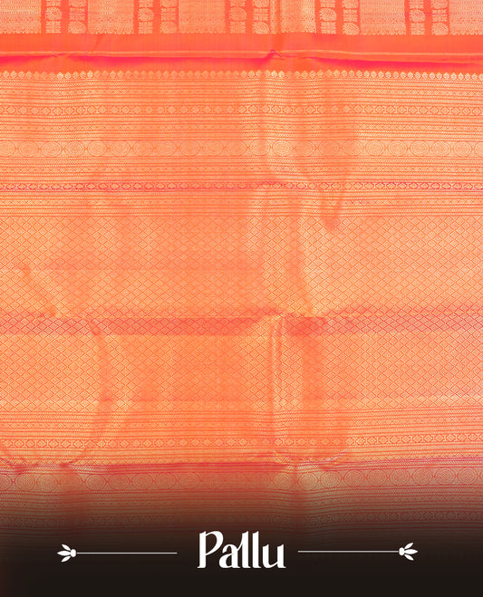 Orange colour Kanchipuram Samudrika Silk Saree featuring Square & bird pattern weaving with gold zari jacquard and a traditional zari border, paired with a matching designer jacquard blouse piece