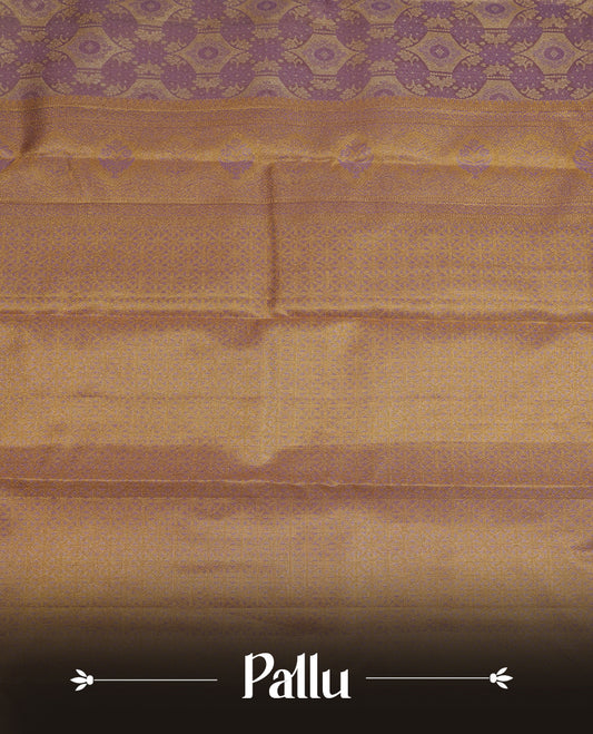 Lavender & gold double shade colour kancheepuram tissue silk saree highlighting gold zari pattern body, with contrast Lavender colour colour with traditional border and paired with matching blouse.