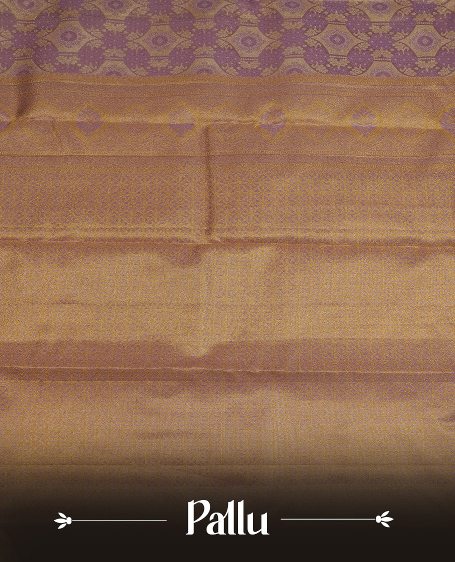 Lavender & gold double shade colour kancheepuram tissue silk saree highlighting gold zari pattern body, with contrast Lavender colour colour with traditional border and paired with matching blouse.
