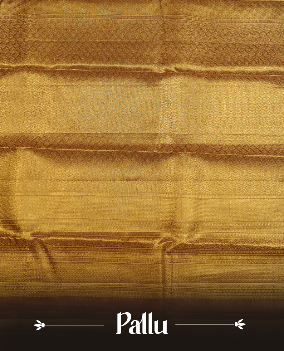 Brown & gold double shade colour kancheepuram tissue silk saree highlighting gold zari pattern body, with contrast Muted brwon colour colour with traditional border and paired with matching blouse.