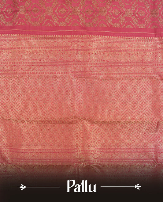 Onion Pink colour Kanchipuram Samudrika Silk Saree featuring Floral kodi pattern weaving with gold zari jacquard and a traditional zari border, paired with a matching designer jacquard blouse piece