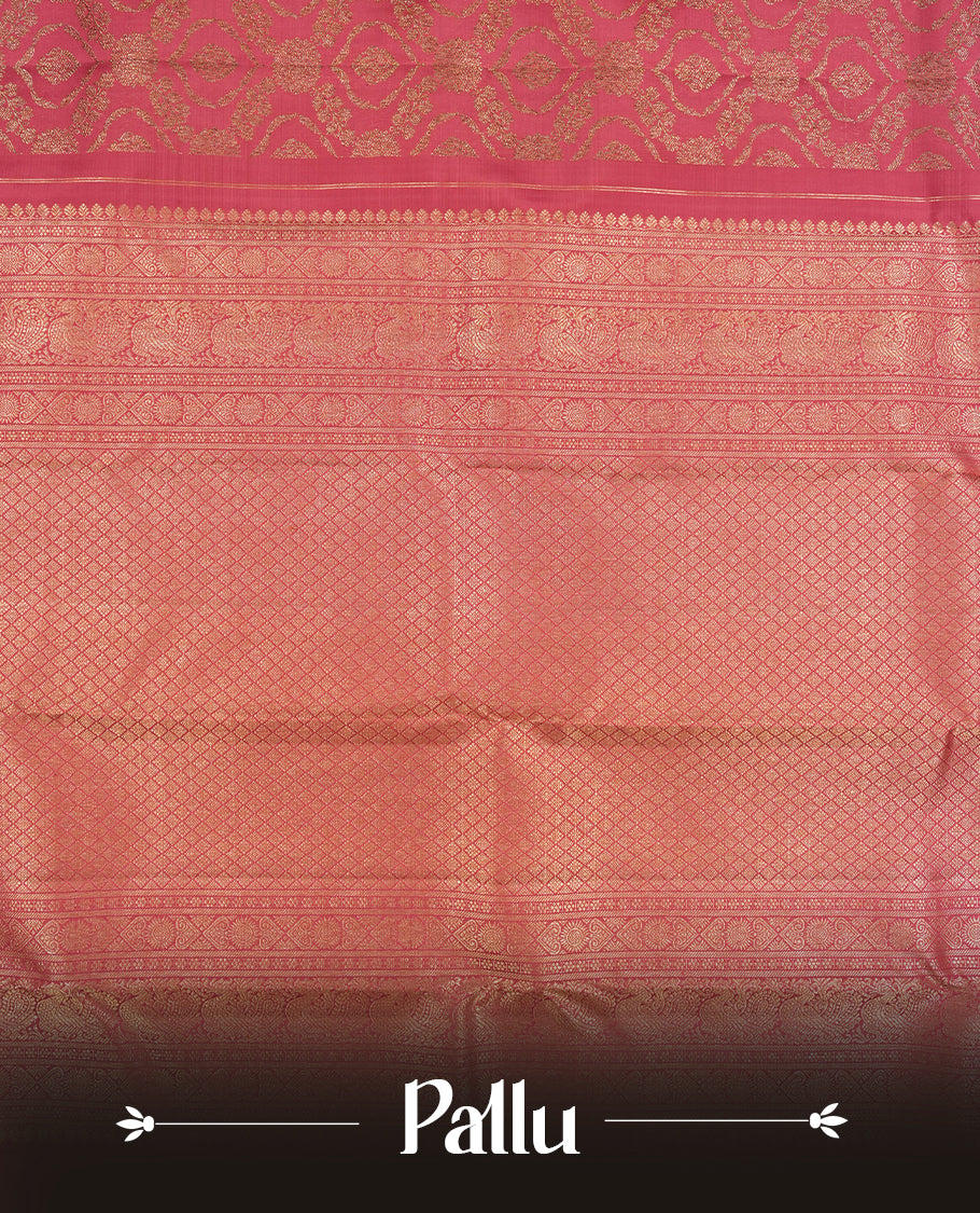 Onion Pink colour Kanchipuram Samudrika Silk Saree featuring Floral kodi pattern weaving with gold zari jacquard and a traditional zari border, paired with a matching designer jacquard blouse piece