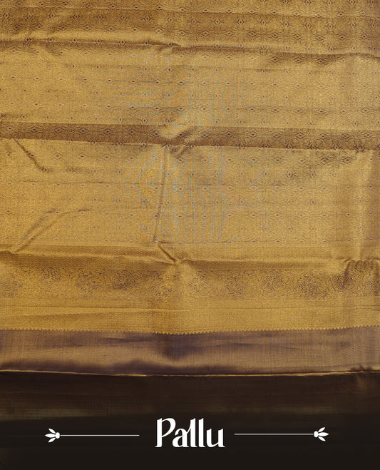 Purple & gold double shade colour kancheepuram tissue silk saree highlighting kodi gold zari pattern body, with contrast Purple colour colour with traditional border and paired with matching blouse.