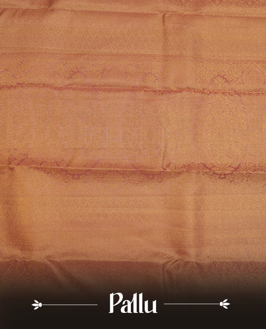Pink & gold double shade colour kancheepuram tissue silk saree highlighting gold zari pattern body, with contrast Pink colour colour with traditional border and paired with matching blouse.
