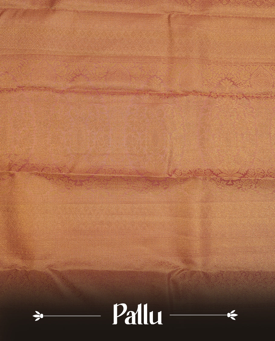 Pink & gold double shade colour kancheepuram tissue silk saree highlighting gold zari pattern body, with contrast Pink colour colour with traditional border and paired with matching blouse.