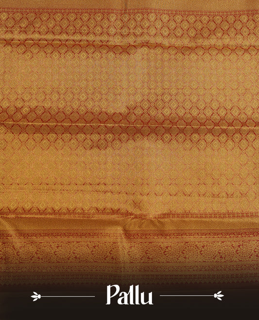 Red & gold double shade colour kancheepuram tissue silk saree highlighting gold kodi zari pattern body, with contrast maroon colour colour with traditional border and paired with matching blouse.