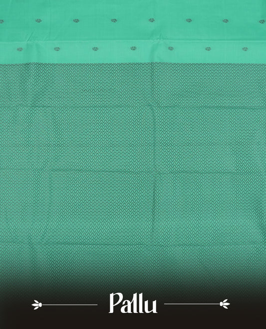 Aqua green colour semi soft silk saree featuring a gray textured patterned body, complemented by self coloured gray zari on pallu & border and a matching blouse piece.