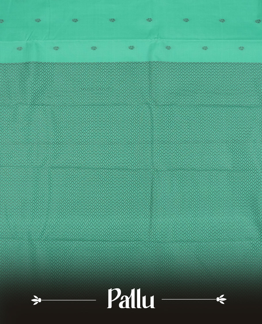 Aqua green colour semi soft silk saree featuring a gray textured patterned body, complemented by self coloured gray zari on pallu & border and a matching blouse piece.