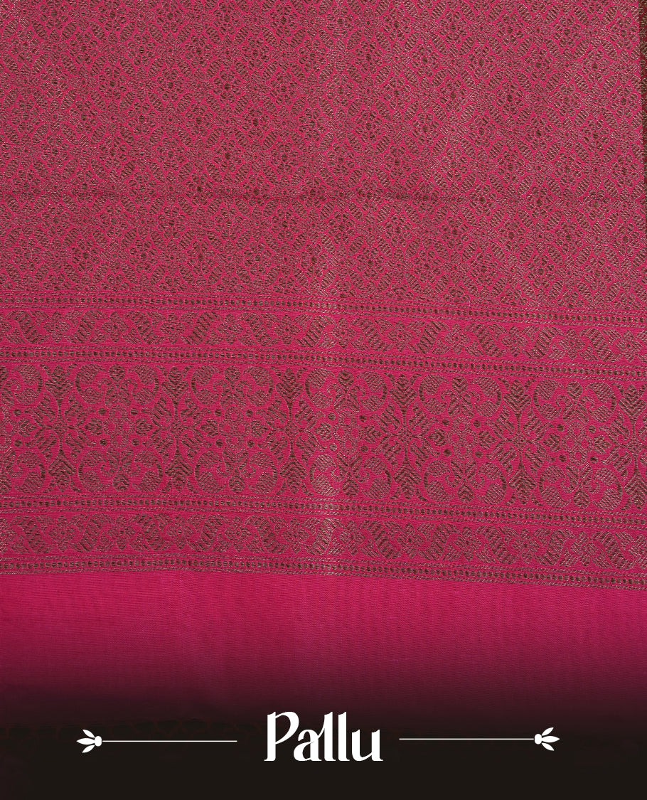 Pink Colour Semi Banarasi Katan Silk Saree with Gold Zari Buti Motifs, Traditional Gold Floral Pallu, Elaborate Woven Border, Decorative Tassels with Matching Blouse