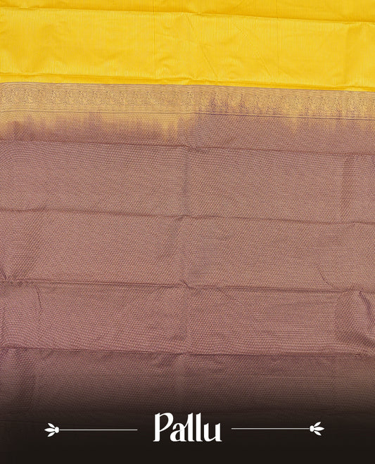 Olive yellow colour Semi Silk Saree with gold zari striped patterns on the body, paired with a contrasting Dark purple traditional pallu and border, and a matching blouse piece.