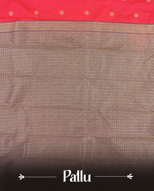 Dark pink colour Semi Silk Saree with gold zari motifs on the body, paired with a contrasting dark purple traditional pallu and border featuring peacock motifs, and completed with a matching blouse piece.