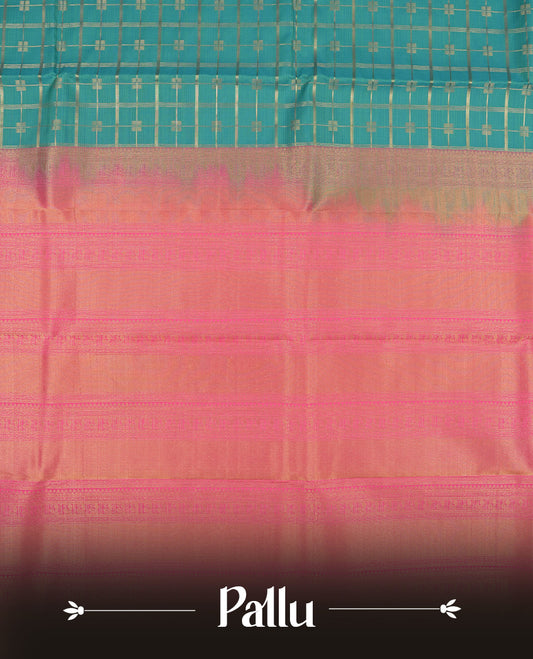 Aqua blue colour semi soft silk saree featuring a gold zari textured patterned body, complemented by contrast pink colour gold zari motifes on pallu & border and a matching blouse piece.