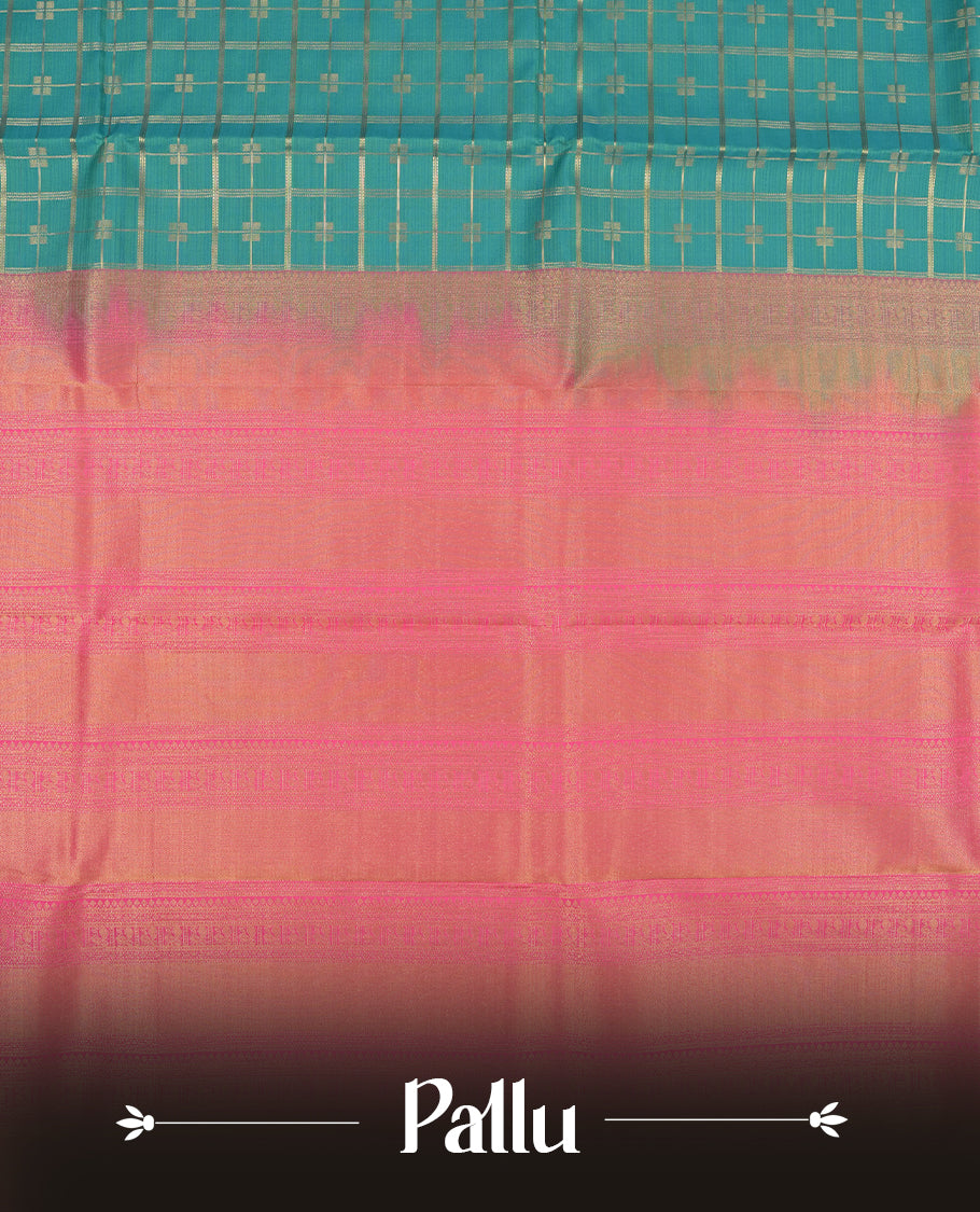 Aqua blue colour semi soft silk saree featuring a gold zari textured patterned body, complemented by contrast pink colour gold zari motifes on pallu & border and a matching blouse piece.