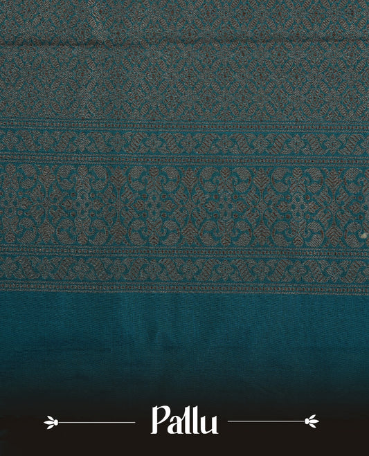 Teal Colour Semi Banarasi Katan Silk Saree with Gold Zari Buti Motifs, Traditional Gold Floral Pallu, Elaborate Woven Border, Decorative Tassels with Matching Blouse