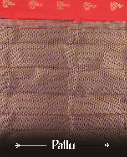 Red colour Semi Silk Saree with gold zari patterns on the body, paired with a contrasting dark purple traditional pallu and border, and a matching blouse piece.