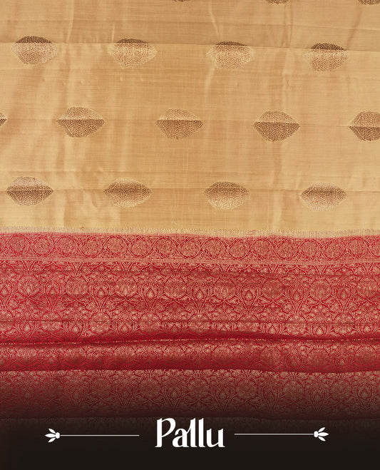 Cream Beige Colour Banaras Soft Silk Saree with Gold Zari Leaf Diamond Buttas, Intricate Multi-Layered Floral Border, Grand Pallu with Ornate Floral Brocade Motifs in Deep Red and Gold Tones, and Matching Red Blouse.