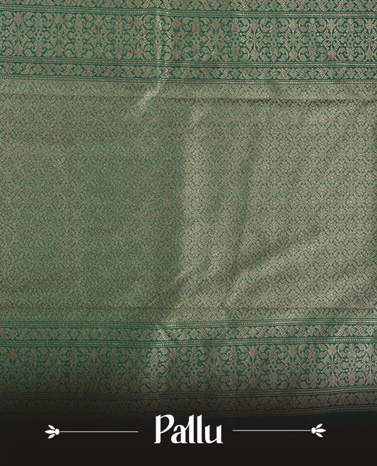 Forest Green Colour Semi Banarasi Katan Silk Saree with Gold Zari Buti Motifs, Traditional Gold Floral Pallu, Elaborate Woven Border, Decorative Tassels with Matching Blouse