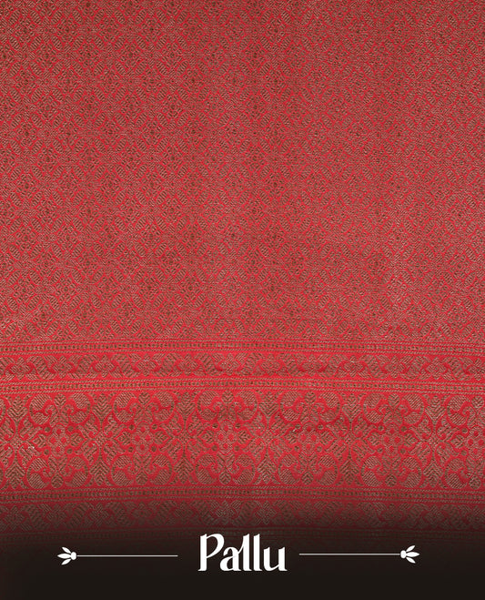 Red Colour Semi Banarasi Katan Silk Saree with Gold Zari Buti Motifs, Traditional Gold Floral Pallu, Elaborate Woven Border, Decorative Tassels with Matching Blouse