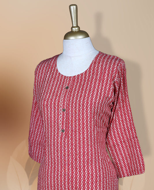 Maroon colour kurti featuring a round neckline with button detailing, 3/4th sleeves, and an all over geometric print in red and beige, designed in a straight cut silhouette for a simple and elegant everyday look.