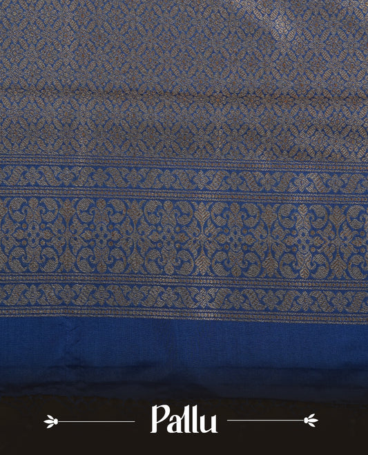Blue Colour Semi Banarasi Katan Silk Saree with Gold Zari Buti Motifs, Traditional Gold Floral Pallu, Elaborate Woven Border, Decorative Tassels with Matching Blouse