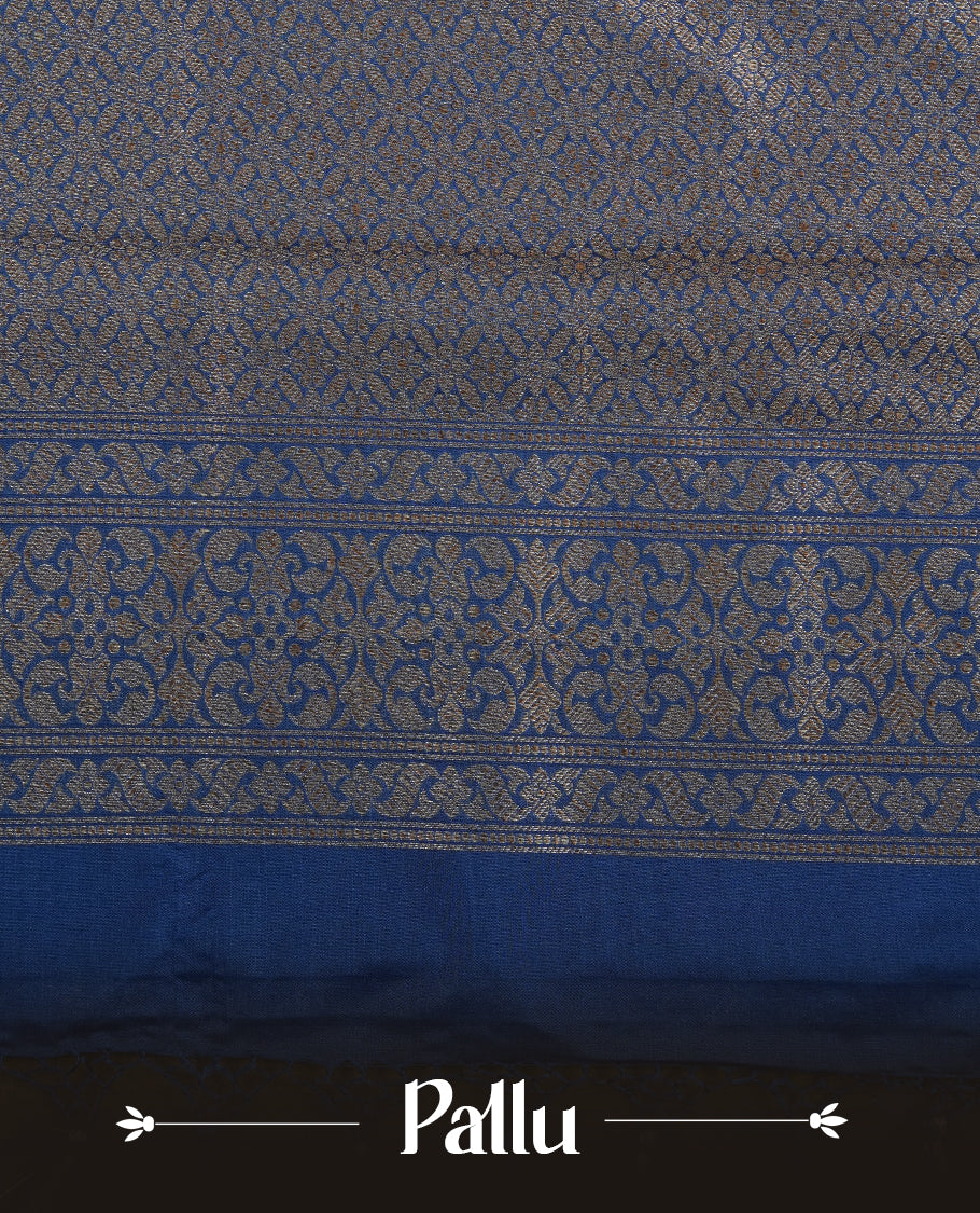 Blue Colour Semi Banarasi Katan Silk Saree with Gold Zari Buti Motifs, Traditional Gold Floral Pallu, Elaborate Woven Border, Decorative Tassels with Matching Blouse