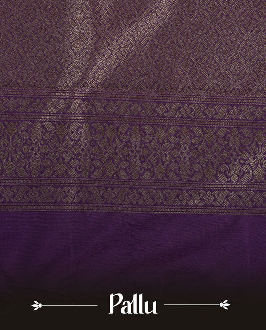 Deep Purple Colour Semi Banarasi Katan Silk Saree with Gold Zari Buti Motifs, Traditional Gold Floral Pallu, Elaborate Woven Border, Decorative Tassels with Matching Blouse