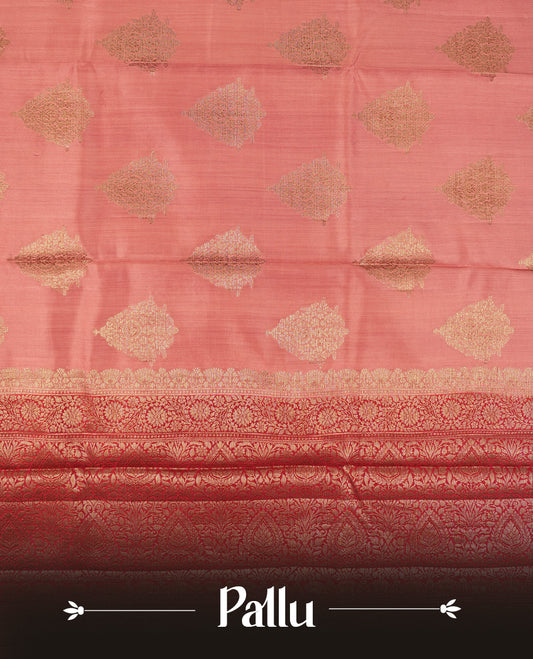 Soft Pink Colour Banaras Soft Silk Saree with Gold Zari Rounded Diamond Buttas, Intricate Multi-Layered Floral Border, Grand Pallu with Intricate Floral Motifs in Deep Red and Gold Tones, and Matching Blouse.
