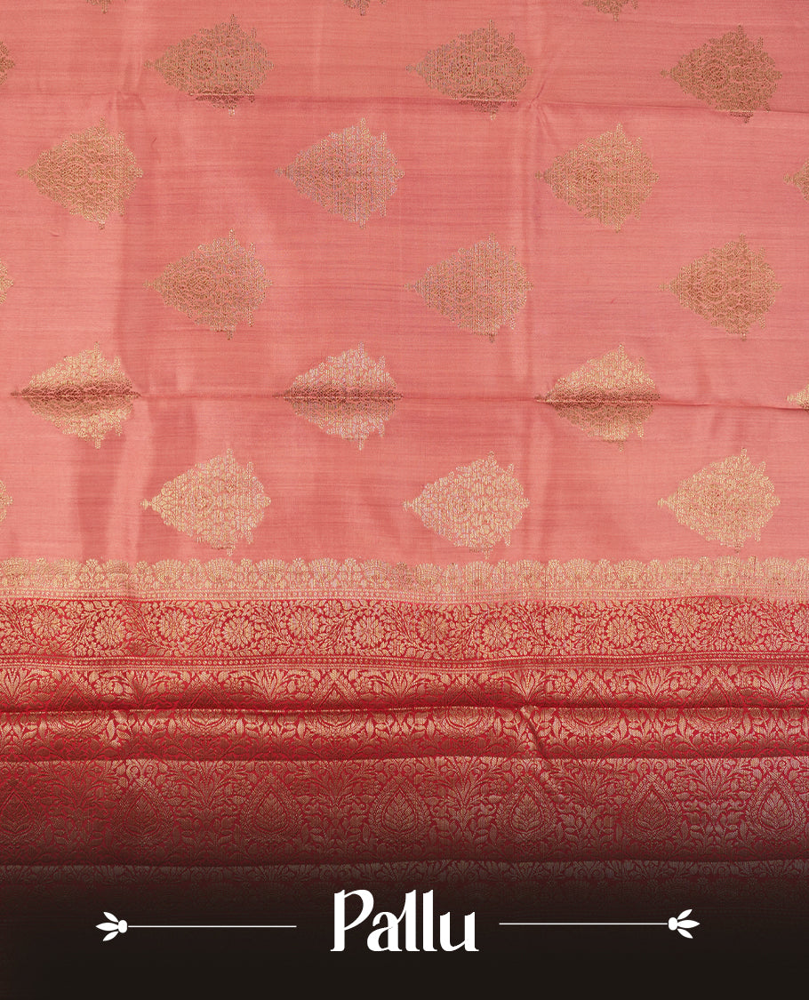 Soft Pink Colour Banaras Soft Silk Saree with Gold Zari Rounded Diamond Buttas, Intricate Multi-Layered Floral Border, Grand Pallu with Intricate Floral Motifs in Deep Red and Gold Tones, and Matching Blouse.