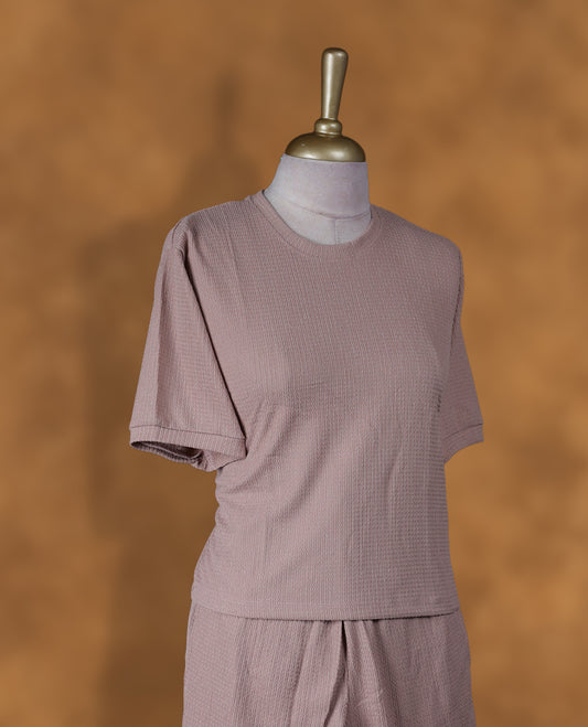 Pink bronze colour coord set with round neckline, short sleeve Tshirt design and matching pant