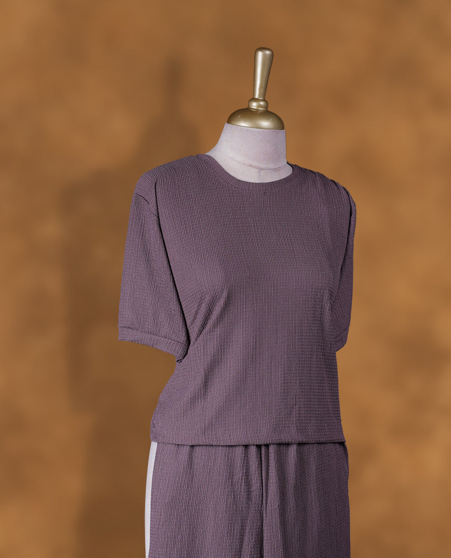 Dark dusty lavender colour coord set styled with a T shirt design with short sleeve, pair a matching bottom pant .