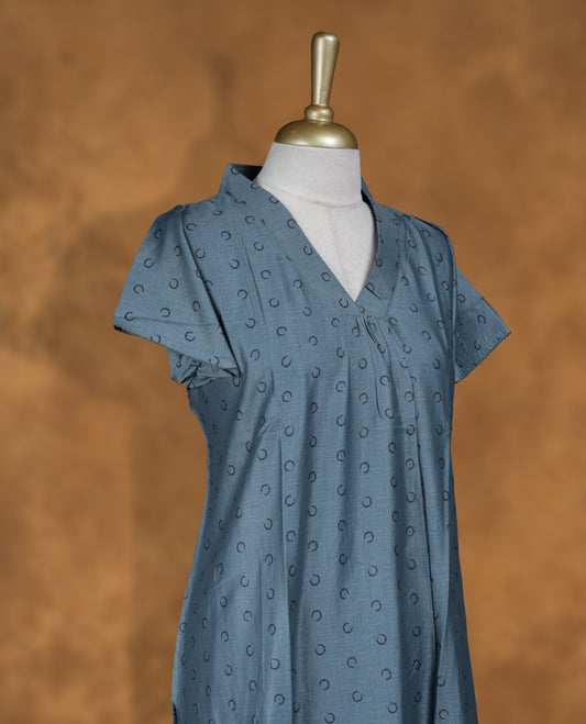 Dusty blue colour Nstyle nighty with featuring a Black moon pattern, a V neckline, Short sleeve, and a full-length
