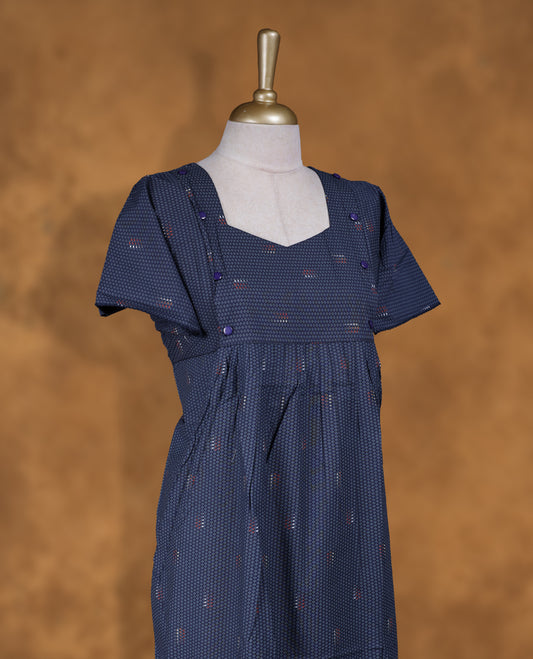 Navy blue colour NStyle nighty featuring dotted patterns, a sweetheart neckline with botton detailing, short sleeves, and a full ankle-length design