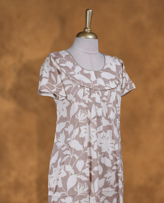Khaki colour NStyle nighty featuring Cream Leaf patterns, a Round neckline and thread border, short sleeves, and a full ankle-length design.